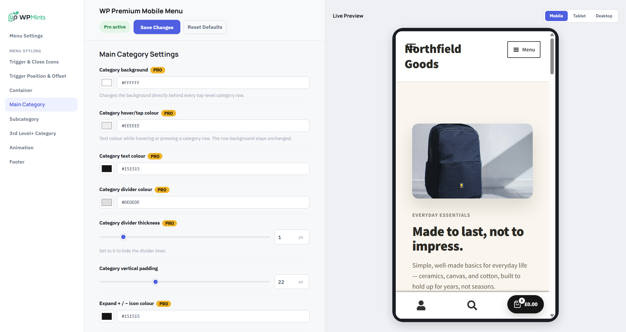 Mobile Menu footer and social icon settings