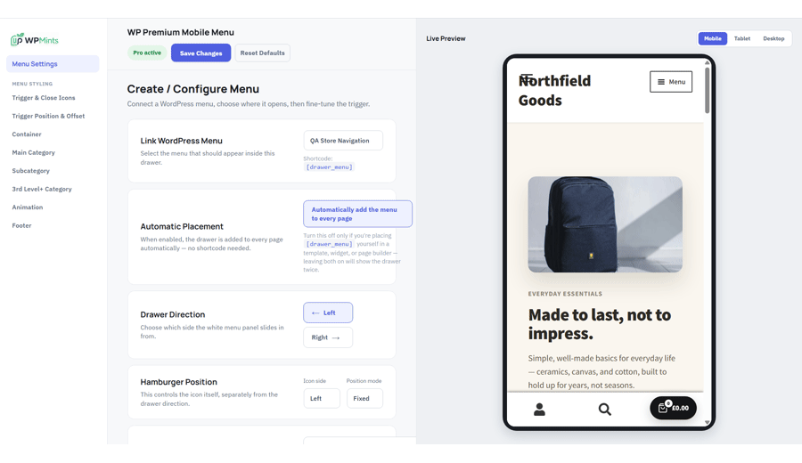Mobile Menu settings panel with live preview