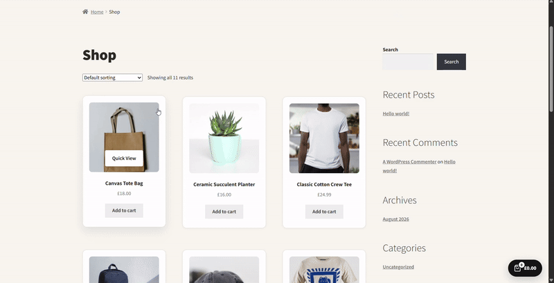 Quick View modal opening from the shop grid